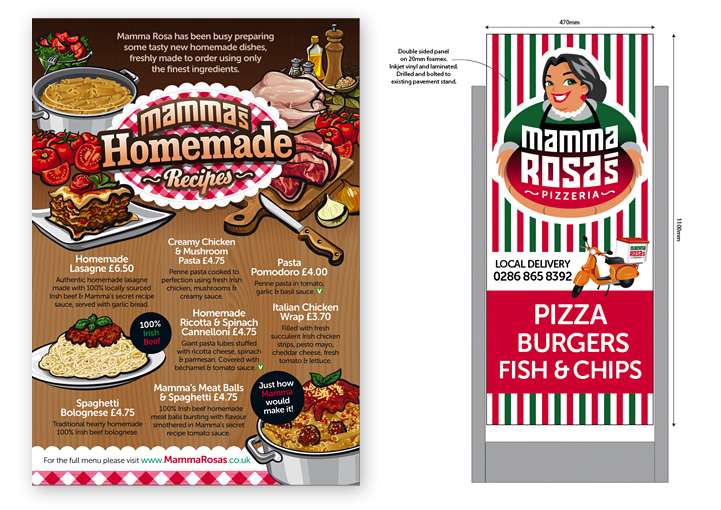 Mamma Rosa's Pizzeria poster design and pavement sign design