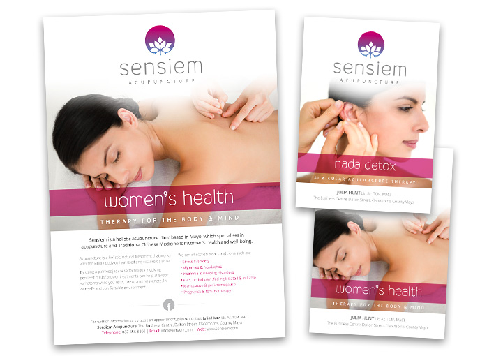 Sensiem Acupuncture poster and postcard designs