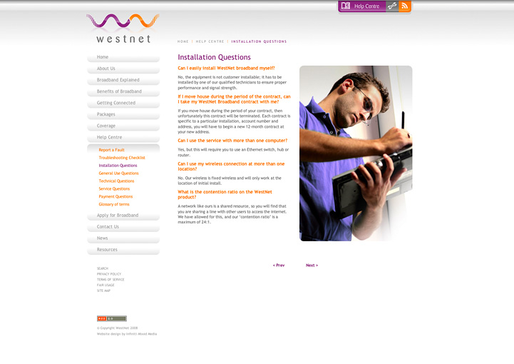 WestNet Broadband web page design
